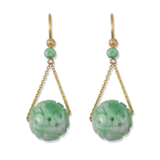 14K YELLOW GOLD GREEN JADEITE JADE CARVED BEAD EARRING UPC #379909