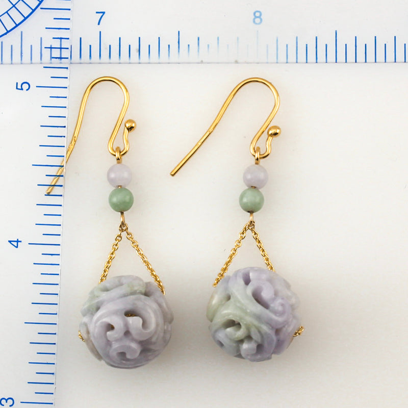 14K YELLOW GOLD GREEN & LAVENDER JADEITE JADE CARVED BEAD EARRING UPC #388925