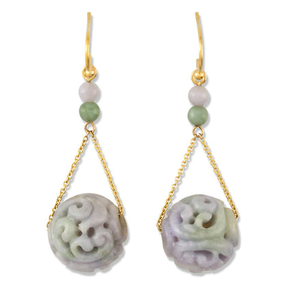 14K YELLOW GOLD GREEN & LAVENDER JADEITE JADE CARVED BEAD EARRING UPC #388925