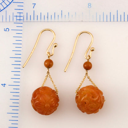 14K YELLOW GOLD RED JADEITE JADE CARVED BEAD EARRING UPC #388932