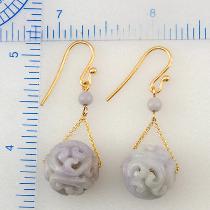 14K YELLOW GOLD LAVENDER JADEITE JADE CARVED BEAD EARRING UPC #388918