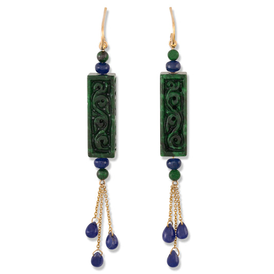 14K YELLOW GOLD GREEN JADEITE JADE & SAPPHIRE DROP EARRING UPC #383616