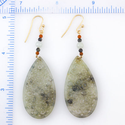 14K YELLOW GOLD GREY JADEITE JADE CARVED TEAR DROP EARRING UPC #388796