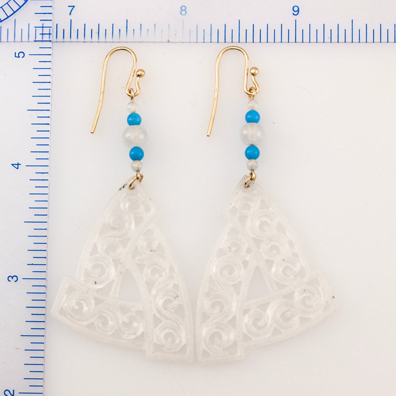 14K YELLOW GOLD ICE JADEITE JADE CARVED GEOMETRIC DROP EARRING UPC #388802