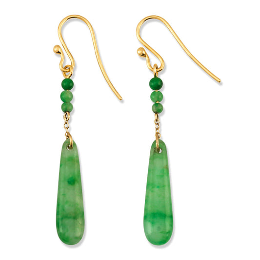 18K YELLOW GOLD GREEN JADEITE JADE TEAR DROP EARRING UPC #390645