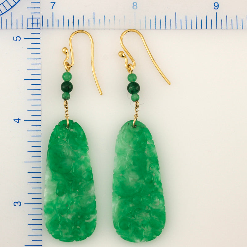 18K YELLOW GOLD GREEN JADEITE JADE CARVED DROP EARRING UPC #390652