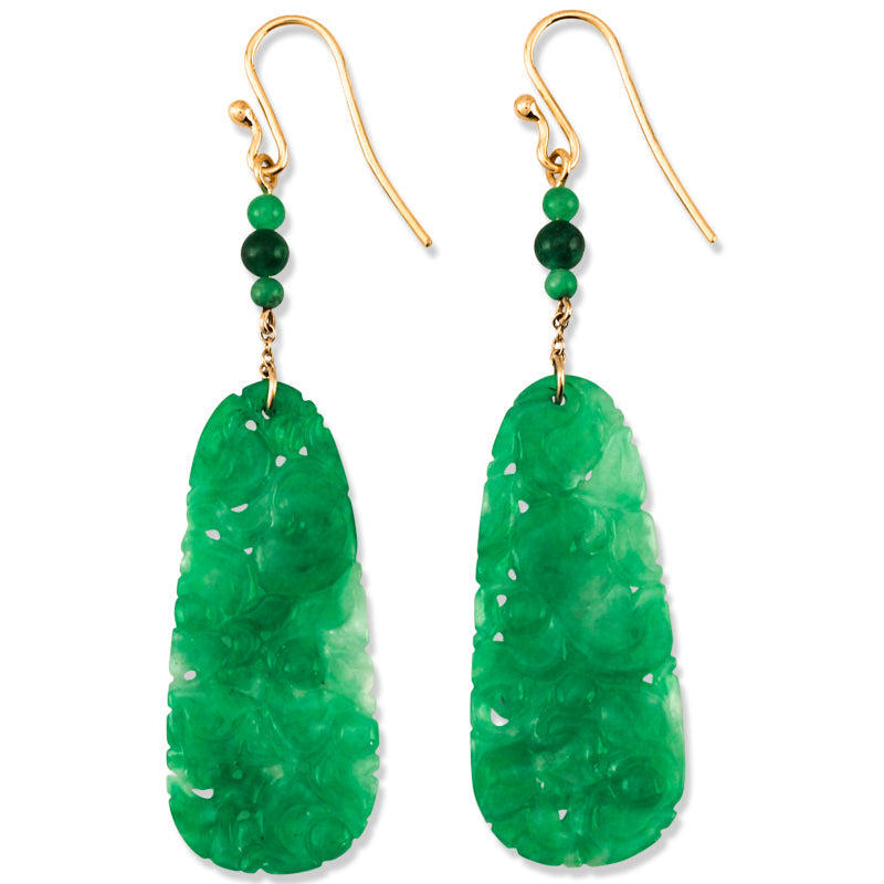 18K YELLOW GOLD GREEN JADEITE JADE CARVED DROP EARRING UPC #390652