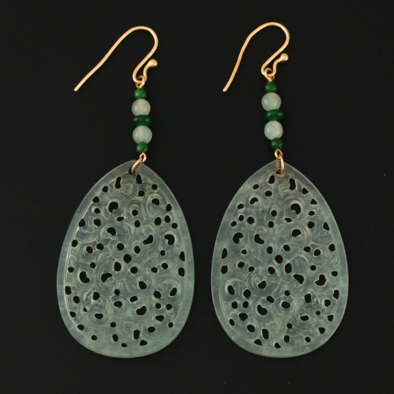 18K YELLOW GOLD ICY GREEN JADEITE JADE CARVED DROP EARRING UPC #390669