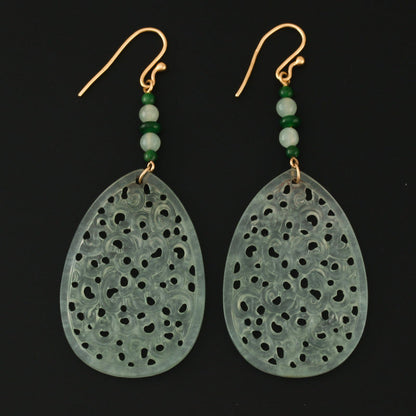 18K YELLOW GOLD ICY GREEN JADEITE JADE CARVED DROP EARRING UPC #390669