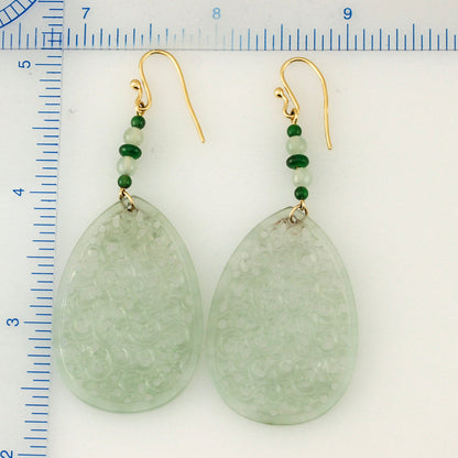 18K YELLOW GOLD ICY GREEN JADEITE JADE CARVED DROP EARRING UPC #390669