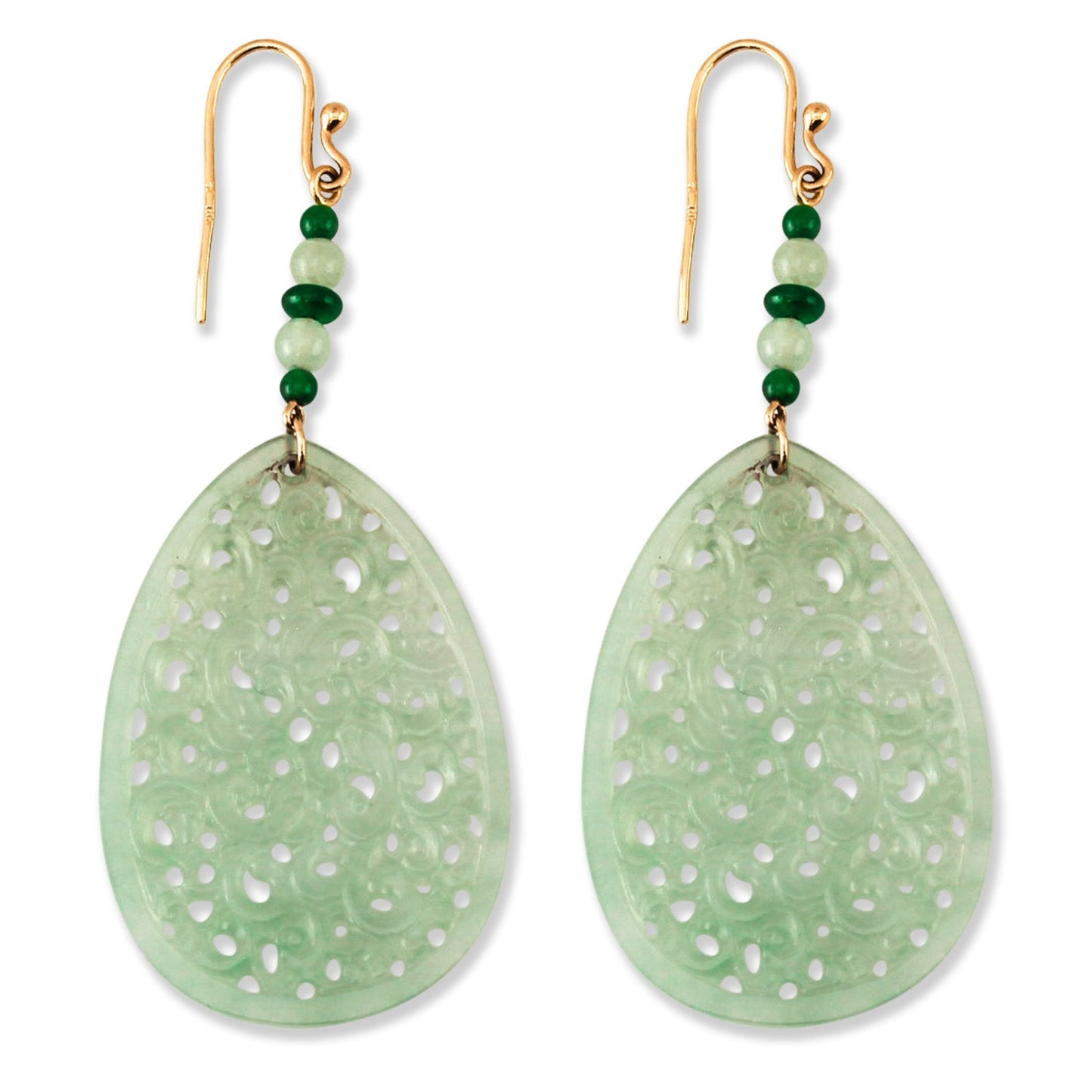 18K YELLOW GOLD ICY GREEN JADEITE JADE CARVED DROP EARRING UPC #390669