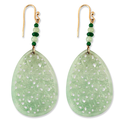 18K YELLOW GOLD ICY GREEN JADEITE JADE CARVED DROP EARRING UPC #390669