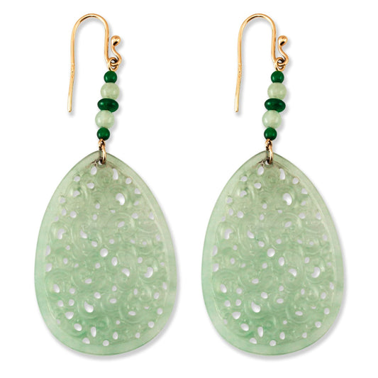 18K YELLOW GOLD ICY GREEN JADEITE JADE CARVED DROP EARRING UPC #390669