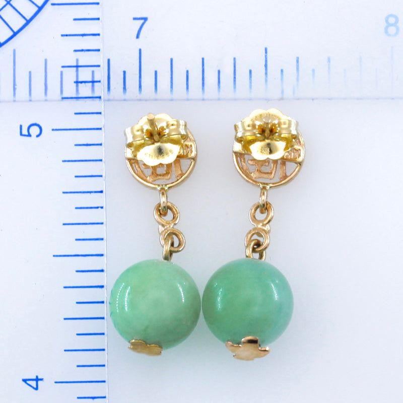 14K YELLOW GOLD GREEN JADEITE JADE BALL DROP EARRING UPC #392083