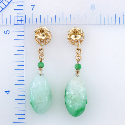 14K YELLOW GOLD GREEN JADEITE JADE CARVED TEAR DROP EARRING UPC #392113