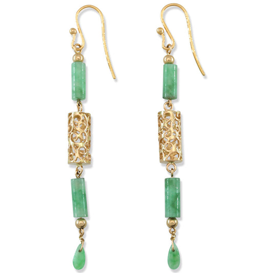 14K YELLOW GOLD GREEN JADEITE JADE DROP EARRING UPC #392212