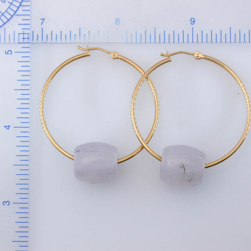 14K YELLOW GOLD LAVENDER JADEITE JADE BARRL SLIDE HOOP EARRING UPC #394575