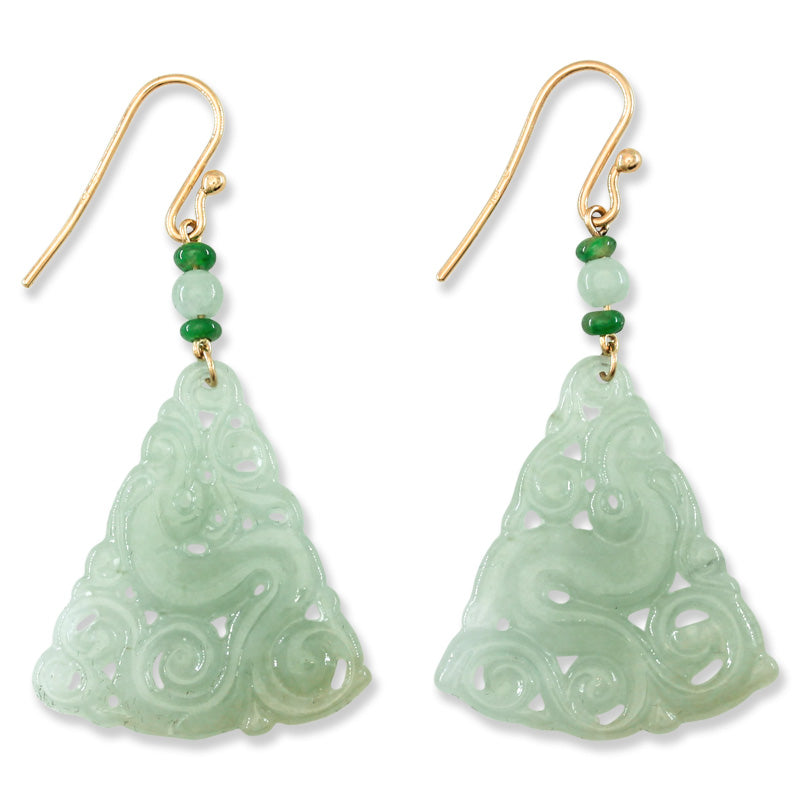 14K YELLOW GOLD ICE JADEITE JADE CARVED DRAGON DROP EARRING UPC #395619