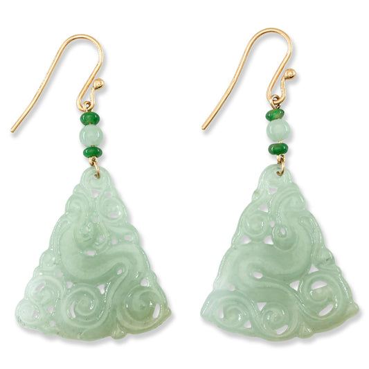 14K YELLOW GOLD ICE JADEITE JADE CARVED DRAGON DROP EARRING UPC #395619