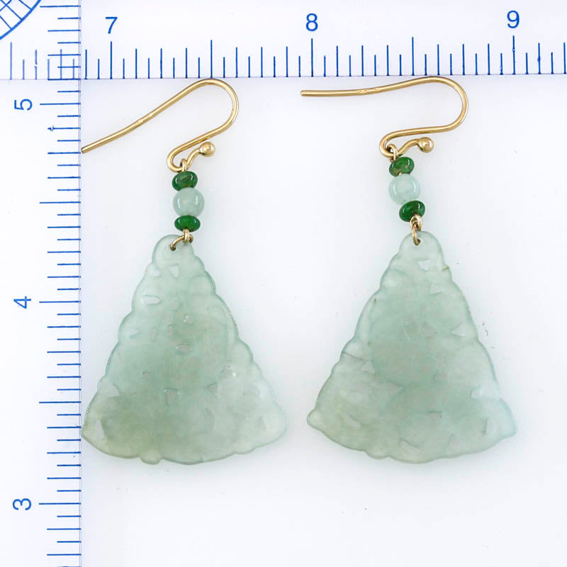 14K YELLOW GOLD ICE JADEITE JADE CARVED DRAGON DROP EARRING UPC #395619