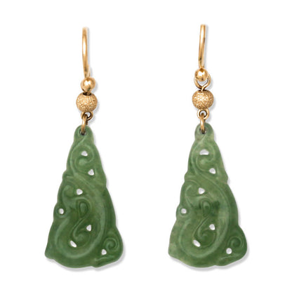 14K YELLOW GOLD GREEN JADEITE JADE CARVED DRAGON DROP EARRING UPC #396173