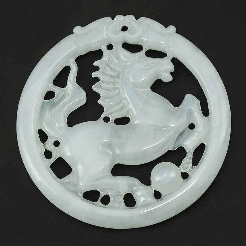 ICY WHITE JADEITE JADE LOOSE HORSE MEDALLION CARVING UPC #349636