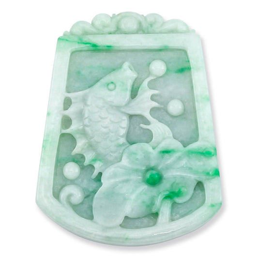 GREEN JADEITE JADE LOOSE CARVED FISH, LOTUS FLOWER AND LING ZHI UPC #331679