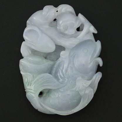 LAVENDER JADEITE JADE LOOSE MONKEY & FISH CARVING UPC #365896