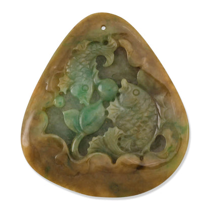 GREEN & YELLOW JADEITE JADE LOOSE DOUBLE FISH CARVING UPC #338654