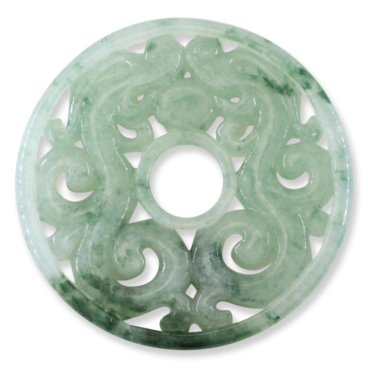 WATER JADEITE JADE LOOSE CARVED DOUBLE DRAGON PI DISC PENDANT UPC #394650