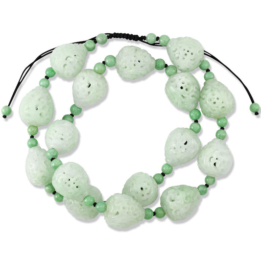 Green Jadeite Jade Carved Bead Necklace on Cord | Jade Dragon, Phoenix and Coin Carving | UPC #336537