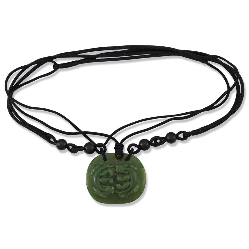 GREEN NEPHRITE JADE CARVED DOUBLE DRAGON NECKLACE UPC #287396