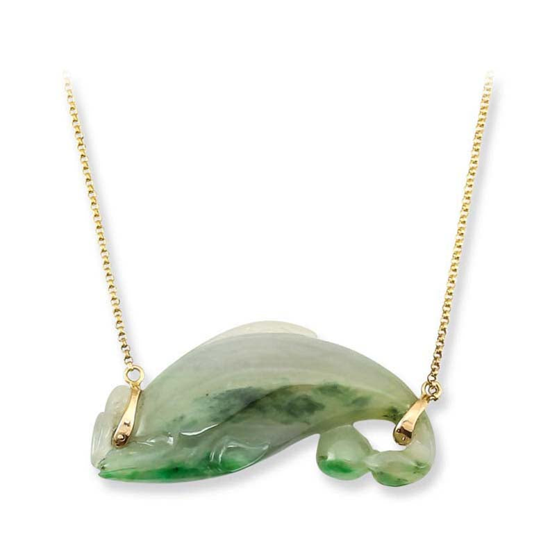 14K Yellow Gold Green Jadeite Jade Dolphin Carving Necklace | UPC #388550