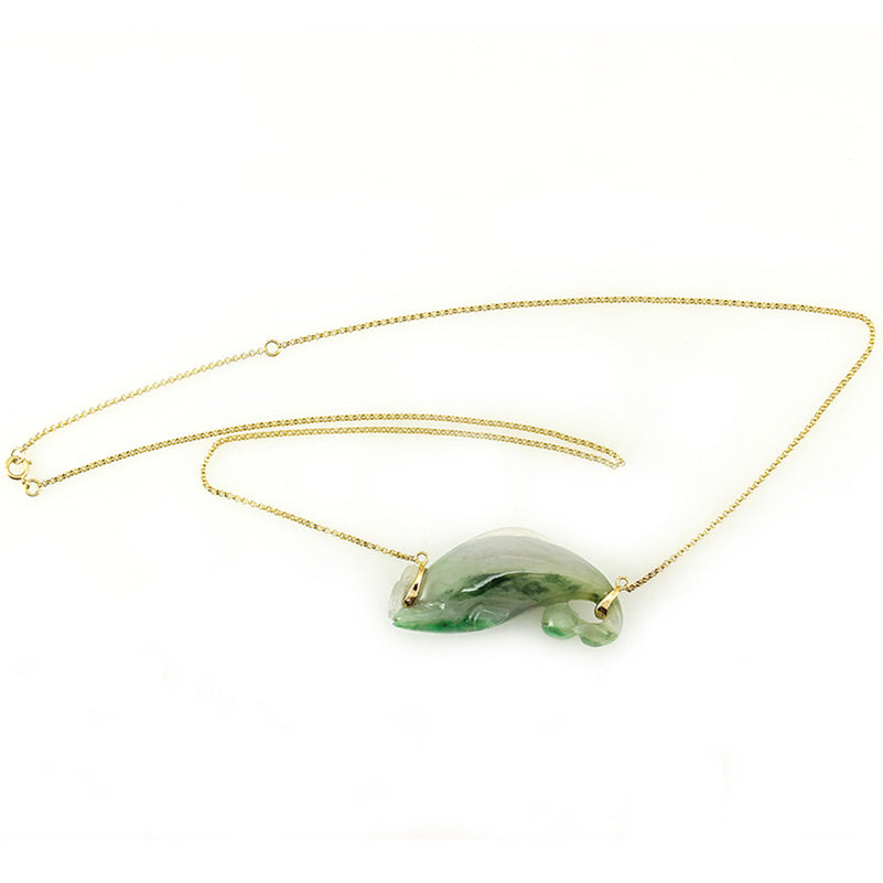 14K Yellow Gold Green Jadeite Jade Dolphin Carving Necklace | UPC #388550