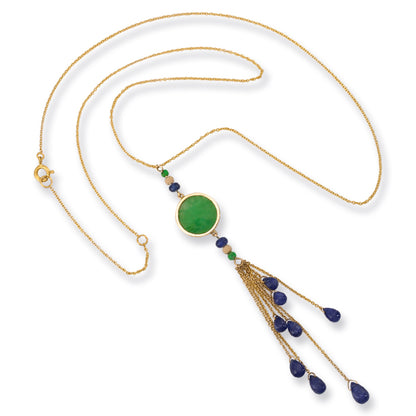 14K YELLOW GOLD GREEN JADEITE JADE TASSEL NECKLACE UPC #383203