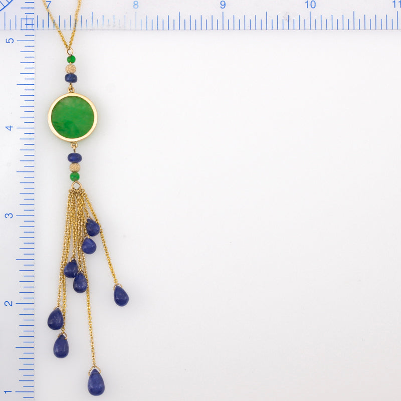 14K YELLOW GOLD GREEN JADEITE JADE TASSEL NECKLACE UPC #383203