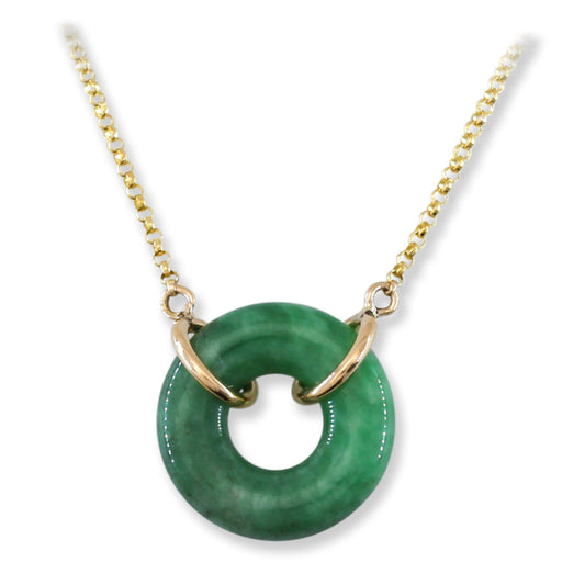 14K Yellow Gold Green Jadeite Jade Circle Necklace | UPC #392069