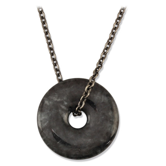 Grey Jadeite Jade Disc Necklace on 20" Oxidized Steel Chain | UPC #392328