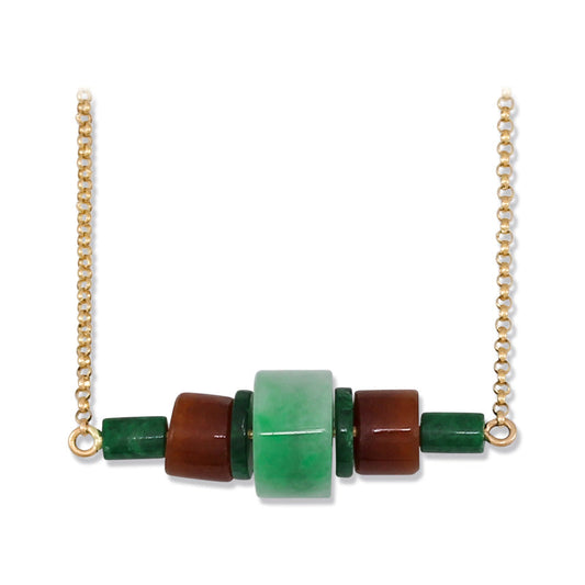 14K YELLOW GOLD GREEN & RED JADEITE JADE NECKLACE UPC #376205