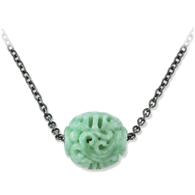 GREEN JADEITE JADE CARVED DRAGON & PHOENIX BEAD NECKLACE UPC #393127