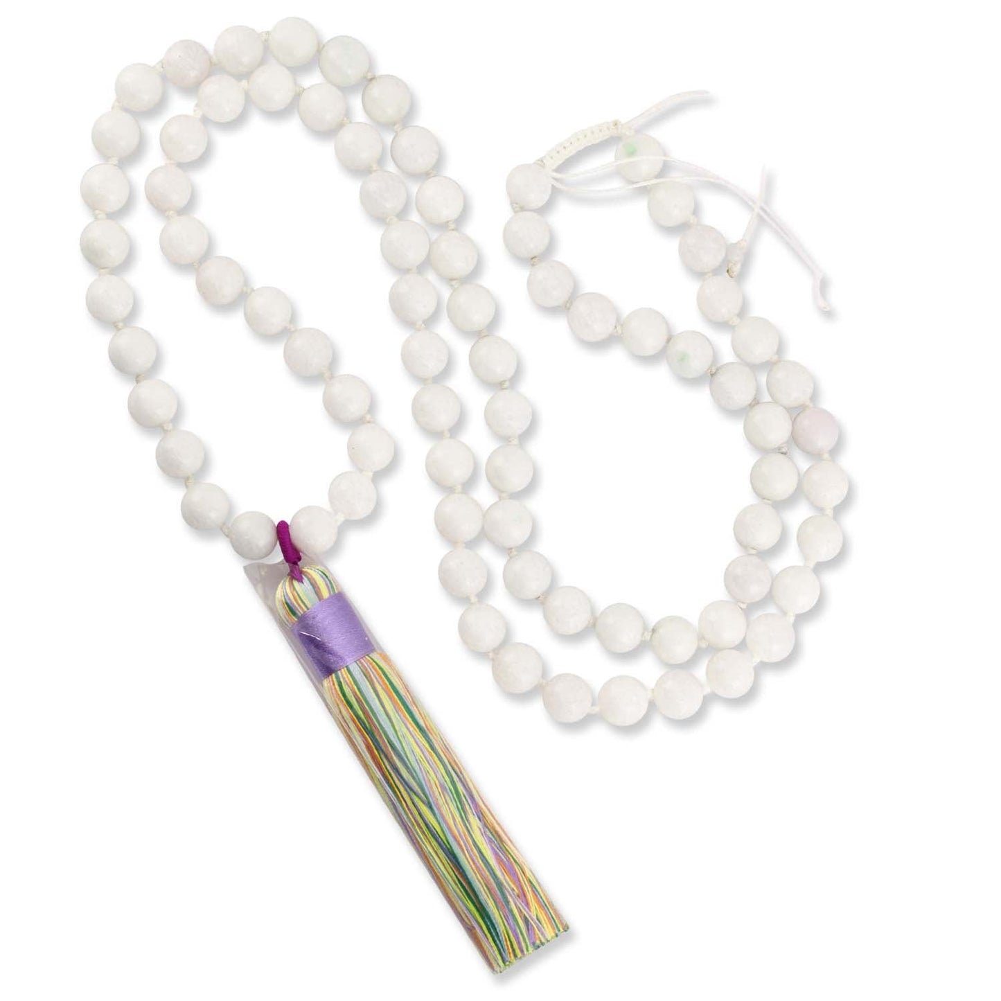 WHITE JADEITE JADE BEAD NECKLACE WITH RAINBOW TASSEL UPC #385818