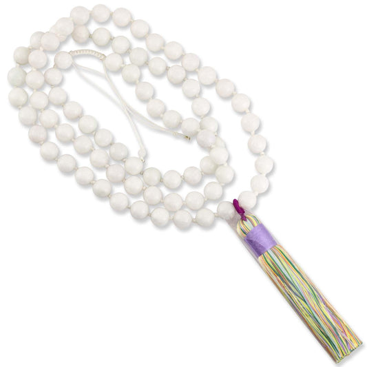 Long White Jadeite Jade Bead Necklace with Rainbow Tassel | UPC #385818