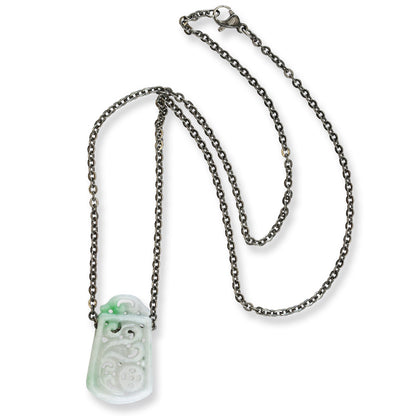 Green and White Jade Carving on Oxidized Steel Chain for Women | UPC #393011