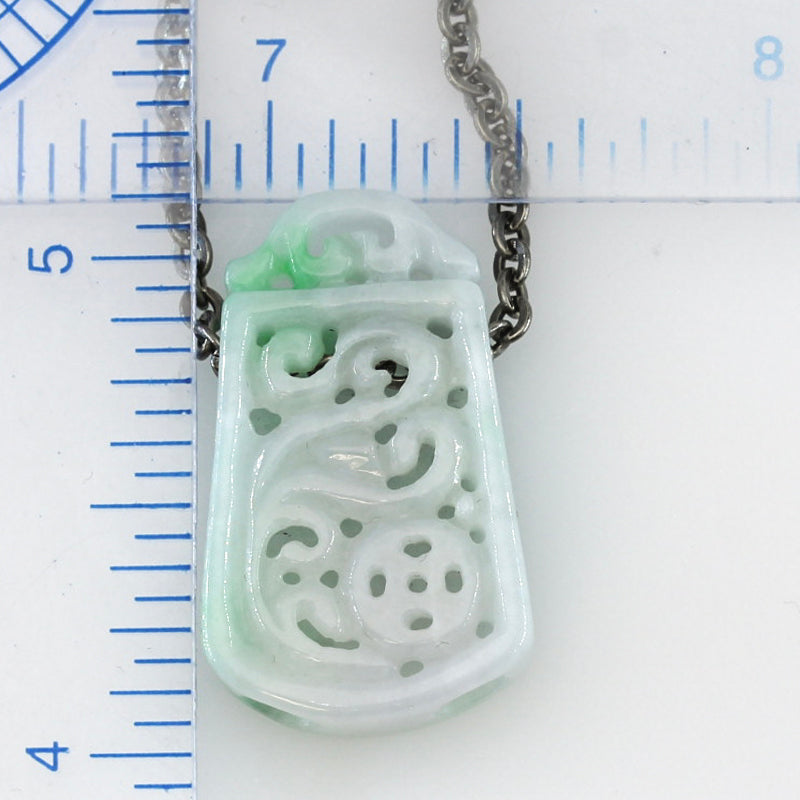 Green and White Jade Carving on Oxidized Steel Chain for Women | UPC #393011