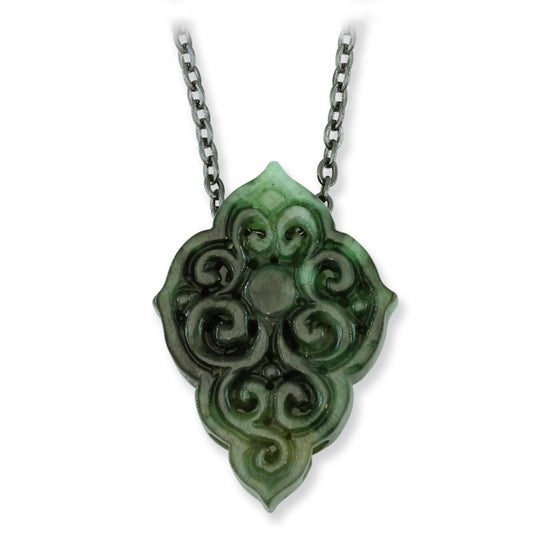 Dark Green Jadeite Jade Necklace on 18" Oxidized Steel Chain | UPC #393035