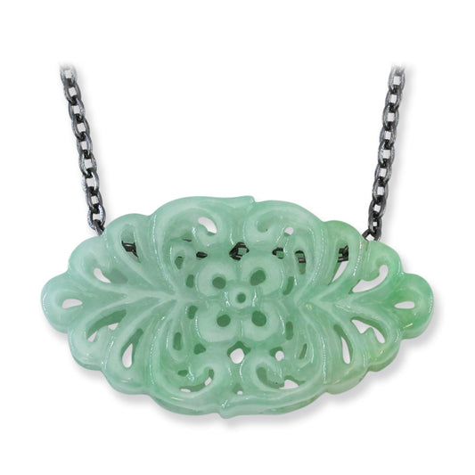 Green Jadeite Jade Necklace | Jade Carving on 18" Oxidized Steel Chain | UPC #392984