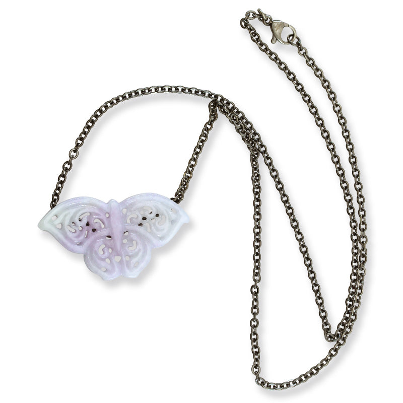 Lavender Jadeite Jade Butterfly Carving on 18" Steel Chain | UPC #393066