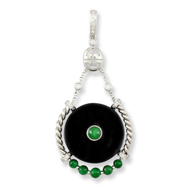 18K WHITE GOLD BLACK JADEITE JADE & DIAMOND DISC PENDANT UPC #393561