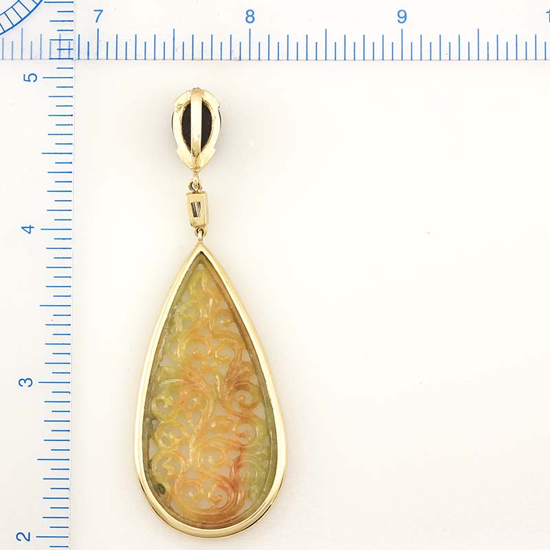 14K YELLOW GOLD YELLOW JADEITE JADE CARVED DROP PENDANT UPC #306714