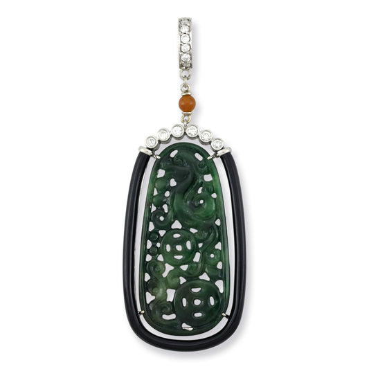 Jade Dragon Carved Pendant in 18K White Gold with Black Onyx and Diamonds | UPC #311053